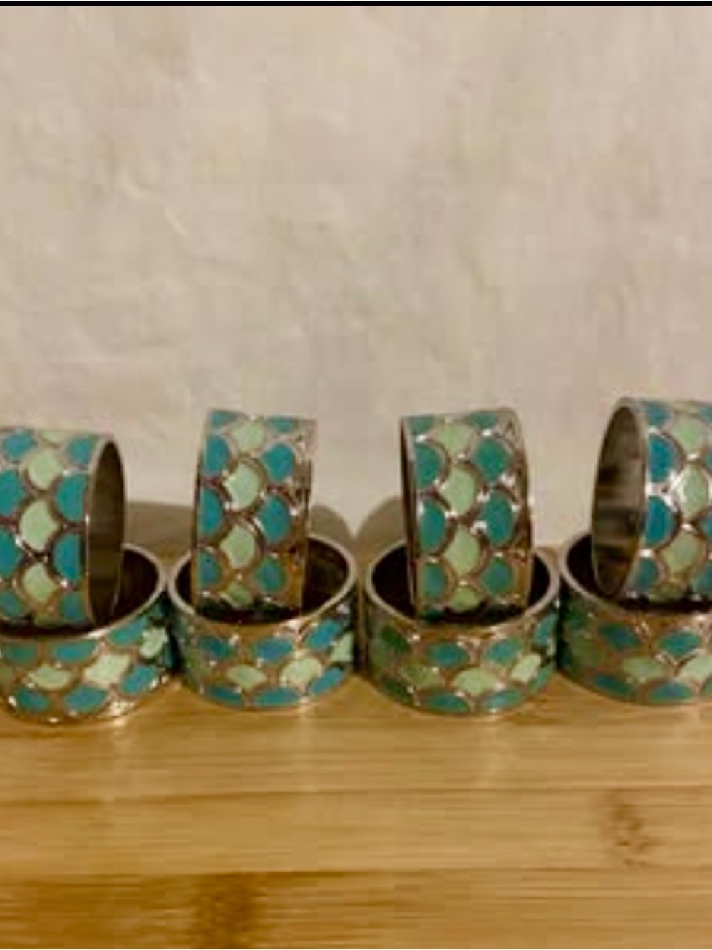 VTG Art Deco Zuni Style Two Tone Enameled Napkin Rings Dragon Scales Design 8 pc